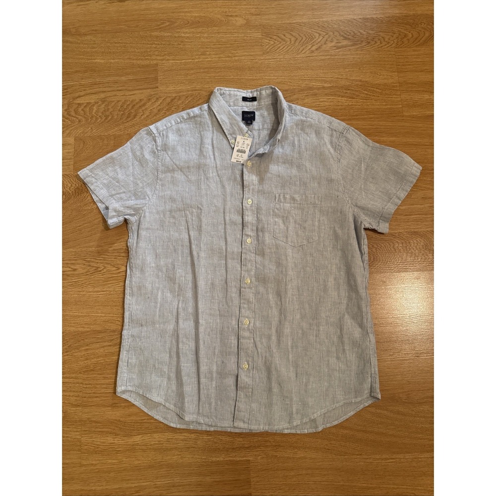 J Crew Shirt Mens XL Slim Linen Cotton Blend Blue/White Striped Short Sleeve NWT